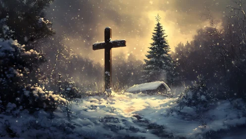 Winter forest cross under glowing dawn sky in snowstorm.