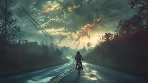 Misty road ride toward a glowing storm of secret skies.