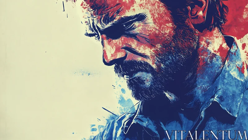 Brooding male portrait in bold tricolor ink wash style.