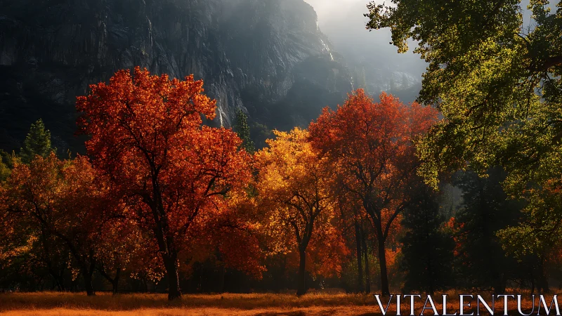 Autumn forest trees in vivid light beneath rocky cliffs.