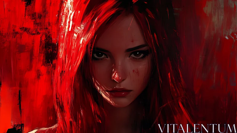 Fierce red haired heroine framed in bold painted drama.