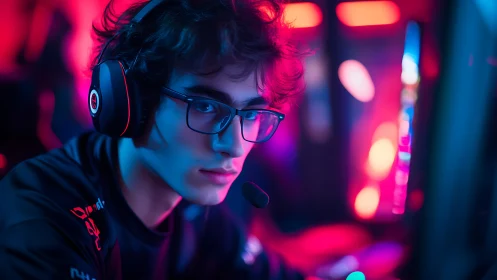 Male gamer uses headset and monitor in neon studio lighting