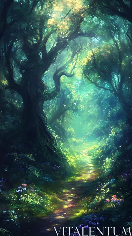 Luminous forest corridor glows with enchanted woodland magic