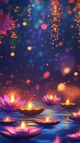 Luminous lotus candle lanterns drifting across iridescent water.
