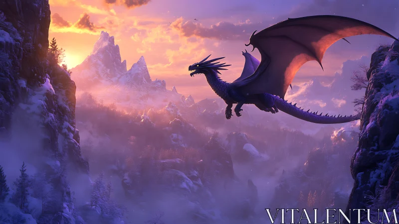 Twilight dragon glides above ember-lit winter mountainscape.