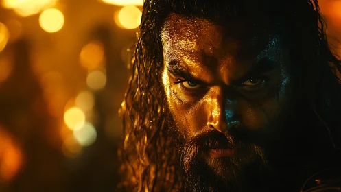 Fierce warrior’s gaze framed by molten golden light.