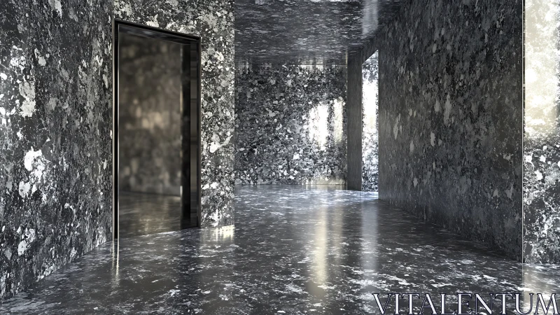 Monolithic granite corridor with reflective architectural surfaces.