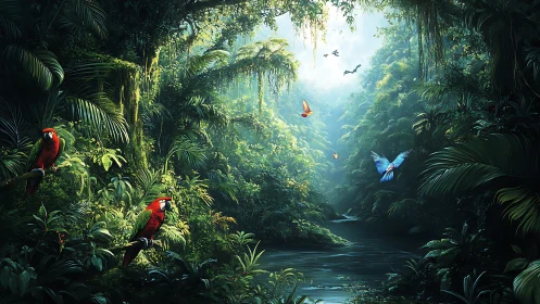 Sunlit jungle river alive with parrots and bright wings.