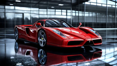 Red supercar reflects across wet glass showroom floor