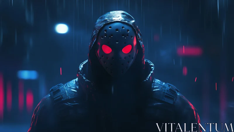 Hooded cyberpunk enforcer in perforated mask under neon rain