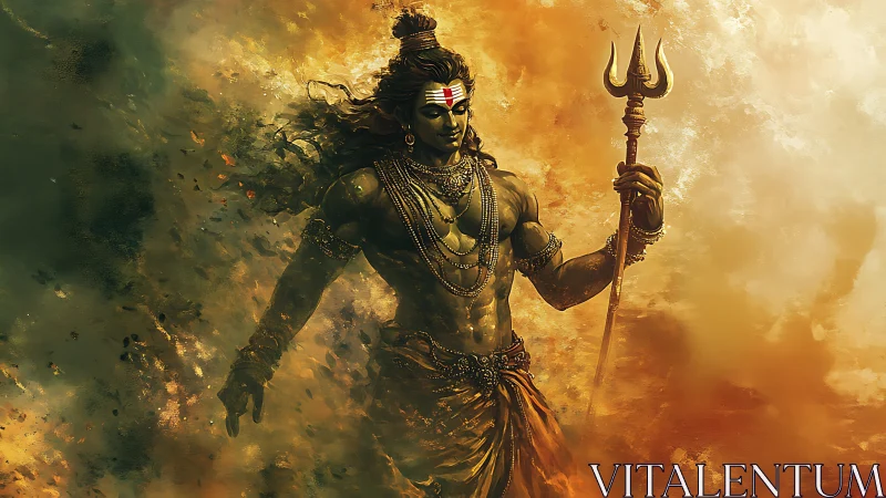 Radiant warrior deity strides through swirling golden light