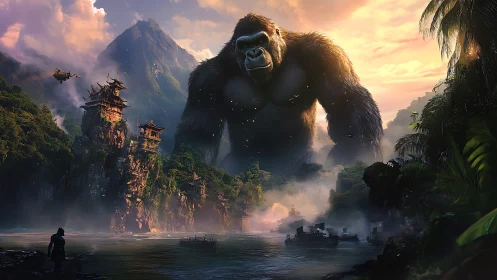 Colossal jungle gorilla storms misty temple river realm.