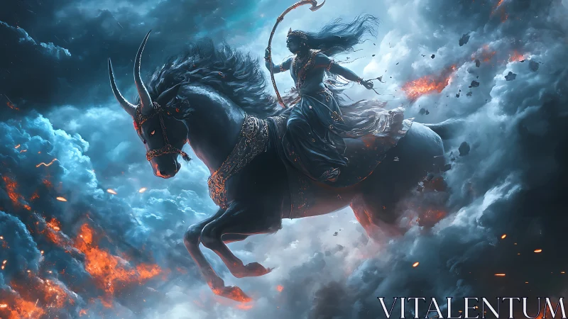 Storm goddess rides horned steed through burning clouds.