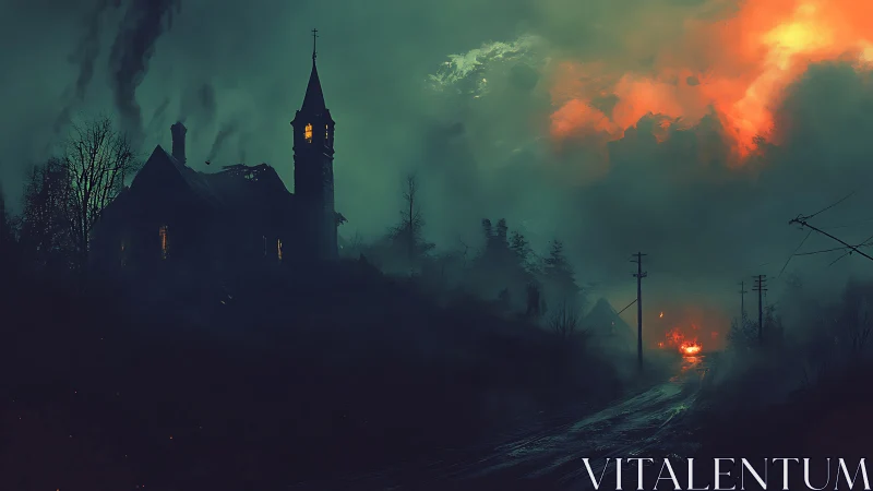 Smoke-drowned chapel watches fire-torn road ignite the sky