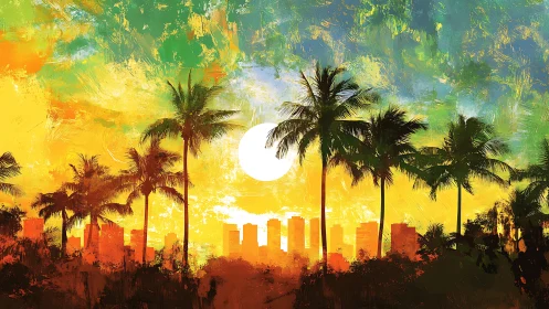 Sunlit palms welcome a glowing city skyline at sunset