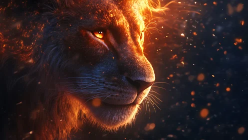 Lion profile in glowing embers and warm orange light.