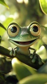 3D stylized tree frog portrait with lush bokeh jungle light.