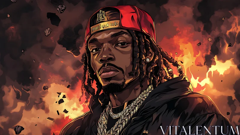 Flames crown a defiant rapper framed in molten twilight