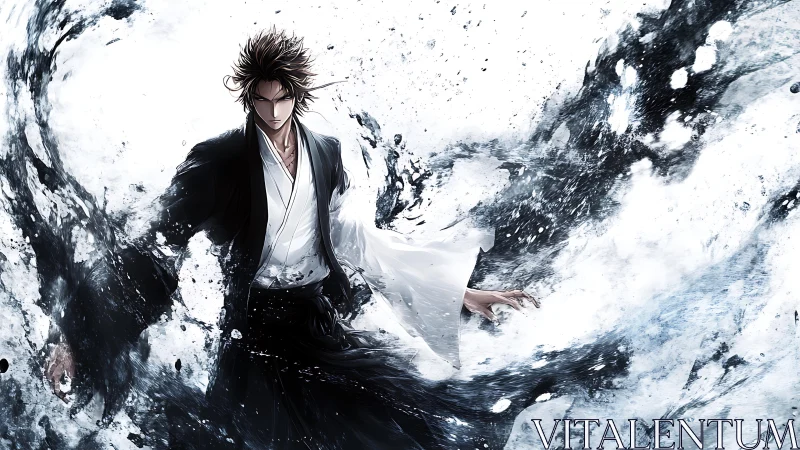 Storm-sculpted swordsman bends ink and light into fury