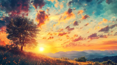 Solitary tree on hillside at vivid digital sunset sky.