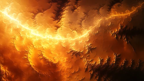 Fiery abstract fractal clouds with bright lightning band.
