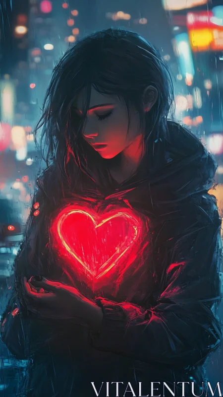 Neon heartbearer in rain slicked city of electric solitude.