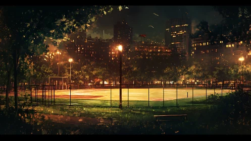 Urban baseball field illuminated at night in city park.