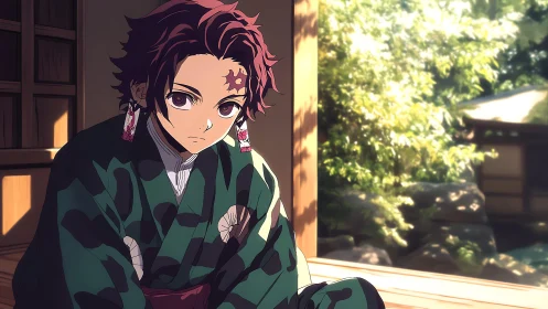 Pensive kimono clad boy sits in sunlit wooden veranda