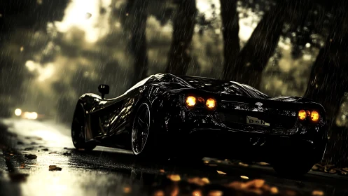 Low-angle rear view sports car on wet forest road at dusk