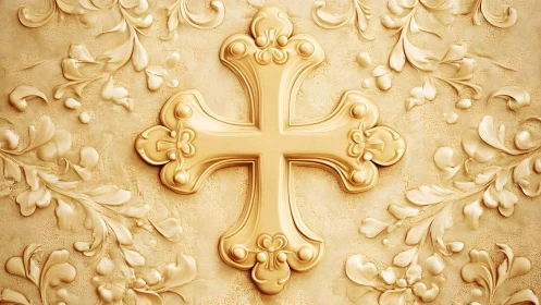Ornate golden cross on embossed floral background, classic style.