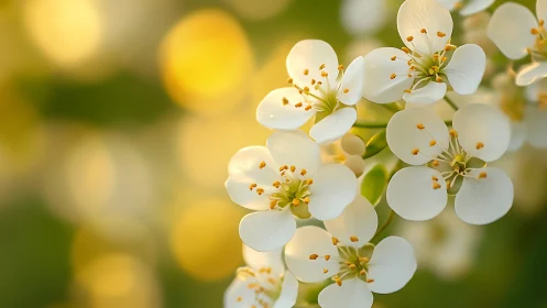 Delicate white blossoms with golden stamens in soft-focused botanical study.