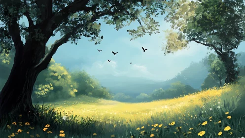 Morning sun drapes a wildflower meadow in painted quiet light