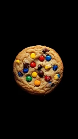 Golden Cookie with Colorful M&M Candy Coating Against Black Background
