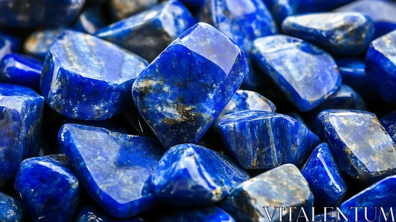 Polished blue lapis lazuli stones are shown in close view