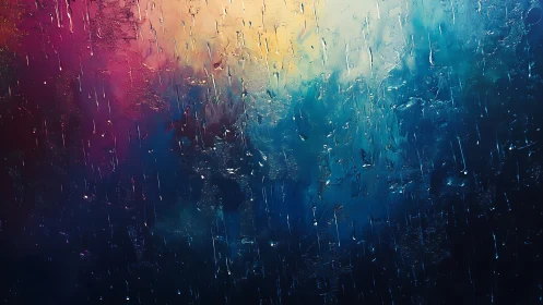 Rain streaks blur neon and dusk tones in abstract serenity.