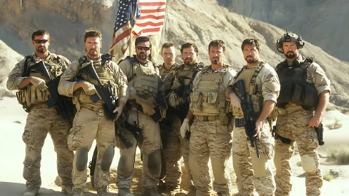 Confident desert team standing together with shared purpose.