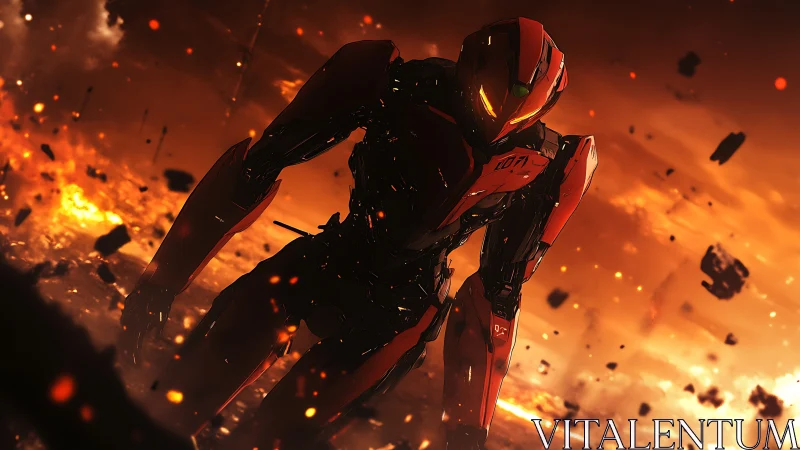 Molten skies bend as the crimson combat mech stalks forward