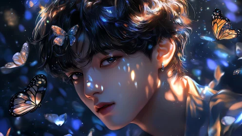 Luminous butterflies encircle ethereal youth in twilight glow