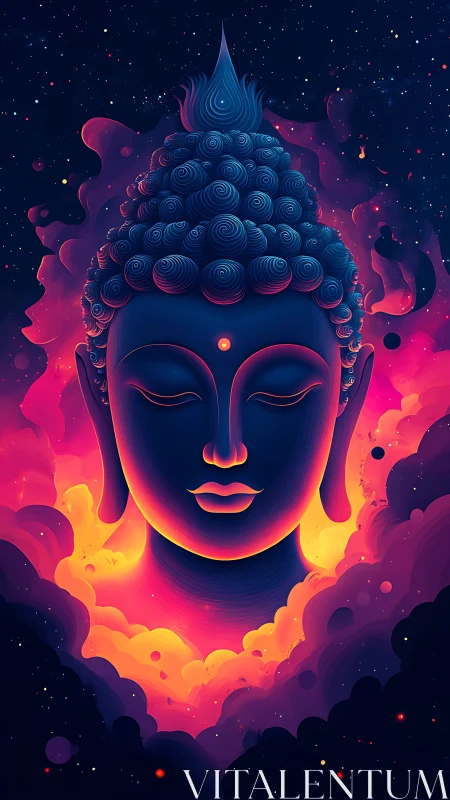 Stylized Buddha head is rendered within luminous nebula field