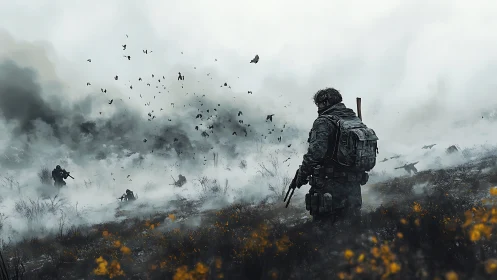 Mist-wrapped soldiers crossing a haunted, foggy valley.