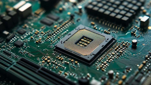 Intricate CPU socket rests at the heart of a vibrant motherboard