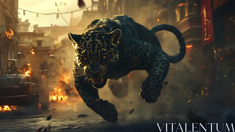 Jaguar Prowls Through Inferno Urban Landscape.