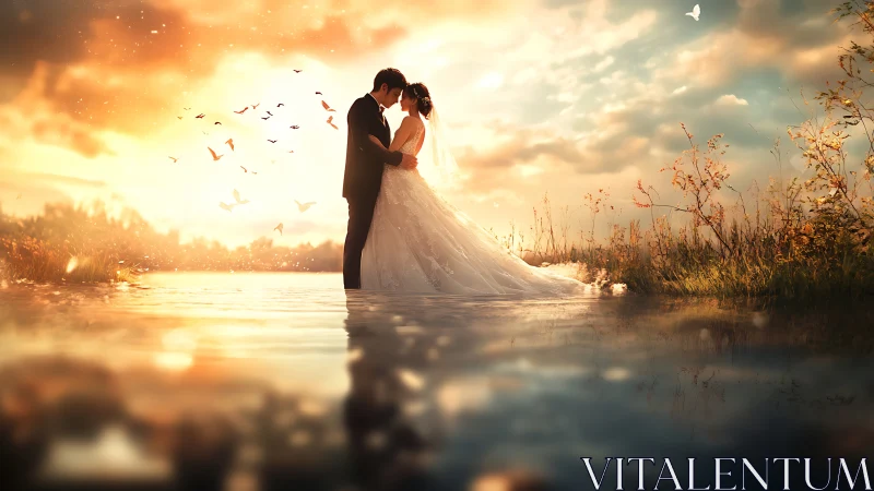 Wedding Kiss by Golden Water. Romantic couple moment.