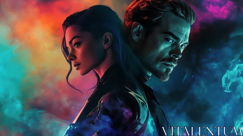 Futuristic duo in neon smoke with contrasting colors.