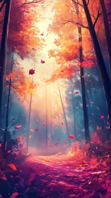 Luminous Forest Path: Autumn Foliage and Radiant Atmospheric Perspective in Digital Composition