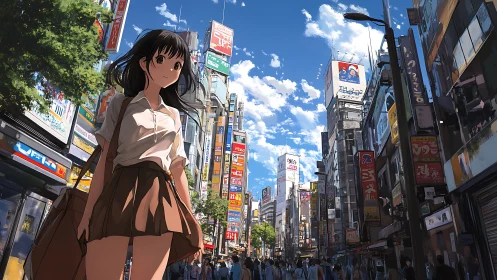 Anime street scene captures urban scale with dynamic lighting