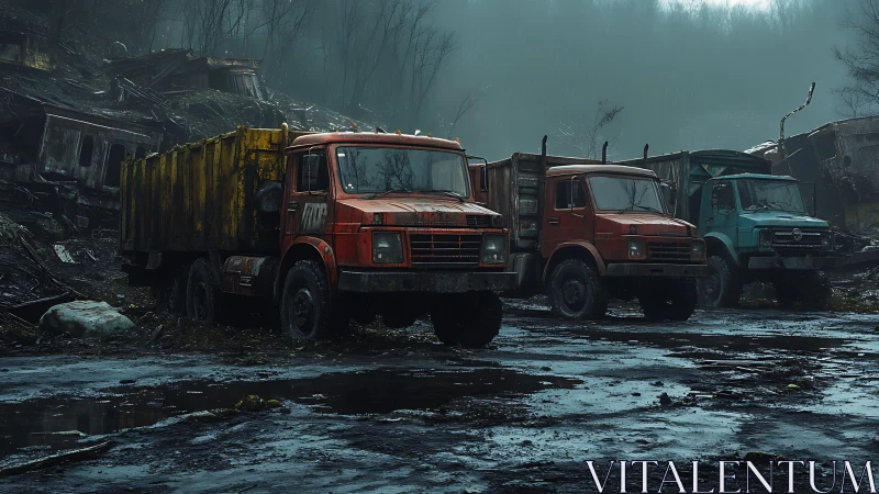 Rust-kissed trucks brood in a fog-drenched industrial graveyard.