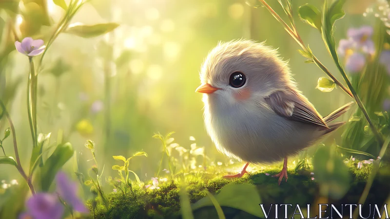 Fluffy Baby Bird in Sunlit Meadow, Whimsical Digital Art Style.