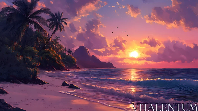 Tropical shoreline sunset with palm silhouettes and soft surf