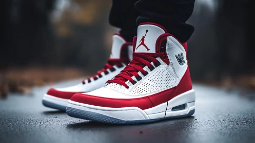 High-contrast red white performance sneakers on wet asphalt surface.